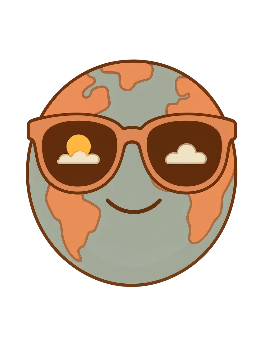 Illustration: eine lachende Erdkugel mit großer Sonnenbrille, in deren Gläsern sich die Sonne und eine Wolke spiegeln