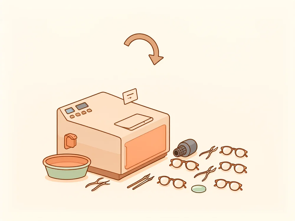 Illustration: eine Optikerwerkstatt mit einem Gerät zum Schleifen von Brillengläsern, Zangen, Brillenfassungen und einem Kreispfeil als Zeichen für Wiederverwendung
